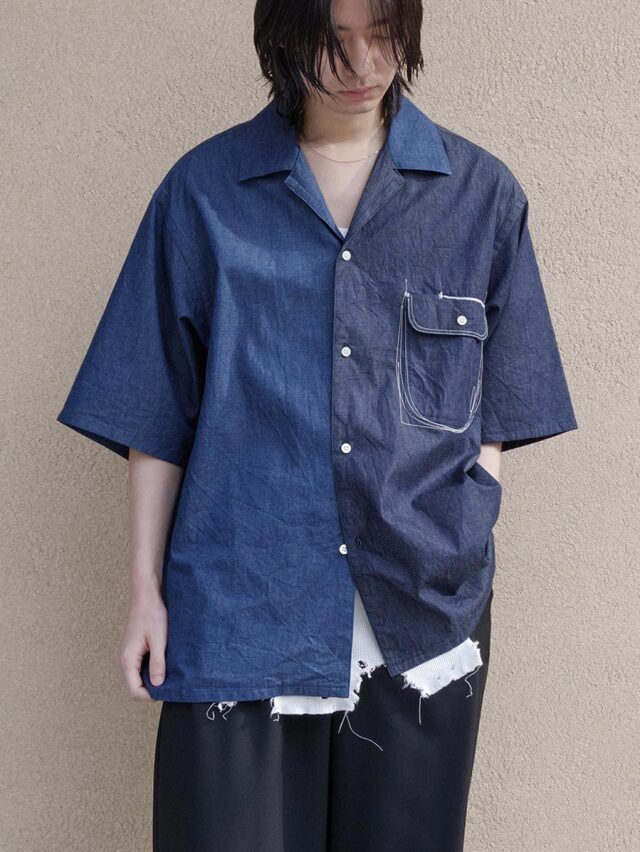 EMAM "Design stitch open collar shirt" - INDIGO DENIM
