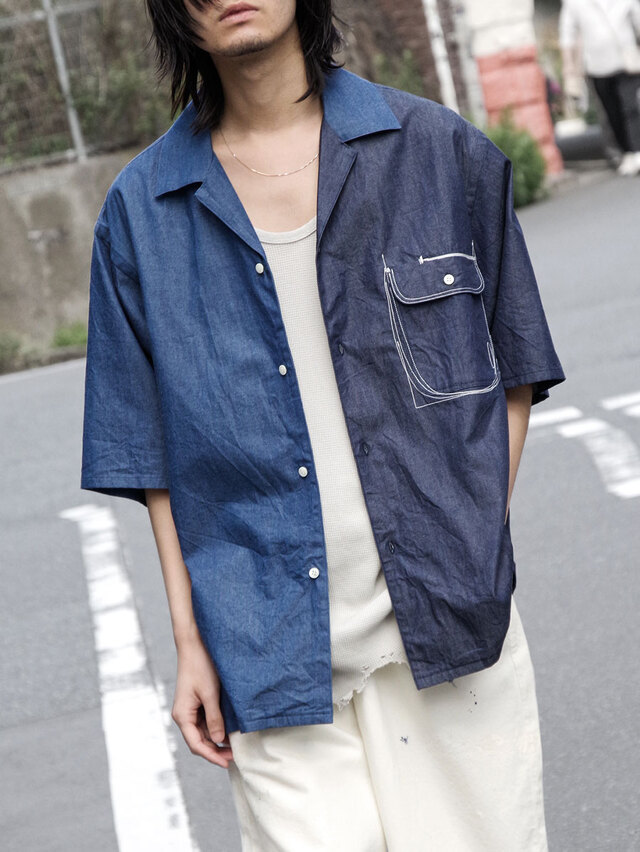 EMAM "Design stitch open collar shirt" - INDIGO DENIM