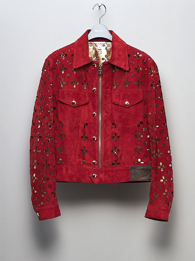 MASU "FLOWER-CUT LEATHER TRUCKER JACKET" - RED