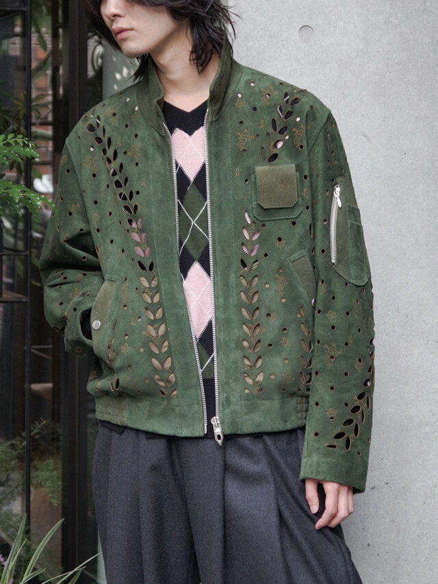 MASU "IVY HOLE LEATHER FLIGHT JACKET" - MOSS GREEN