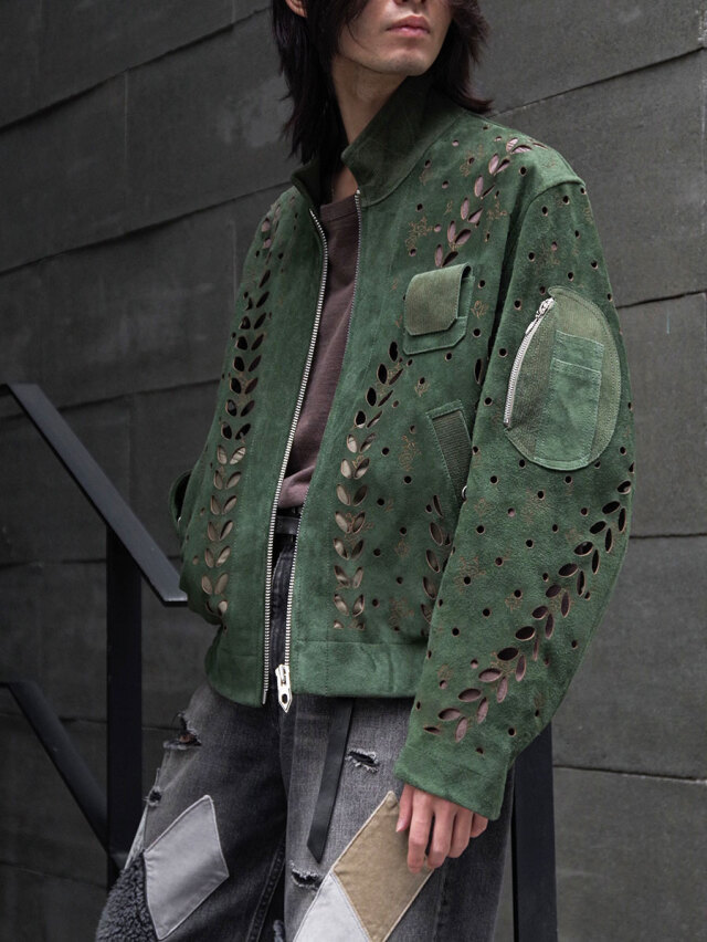 MASU "IVY HOLE LEATHER FLIGHT JACKET" - MOSS GREEN