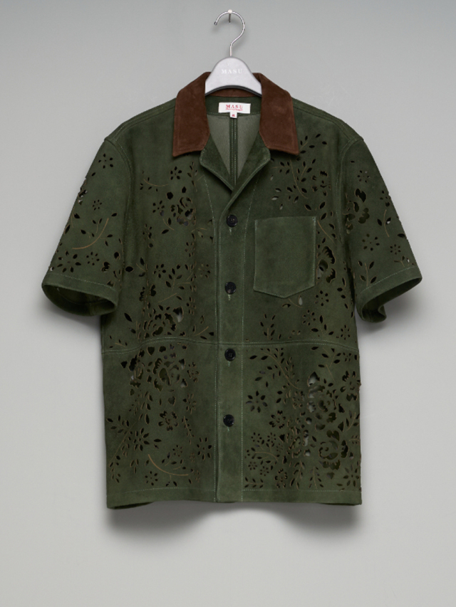 MASU "BANDANA HOLE LEATHER HALF SLEEVE SHIRT" - MOSS GREEN