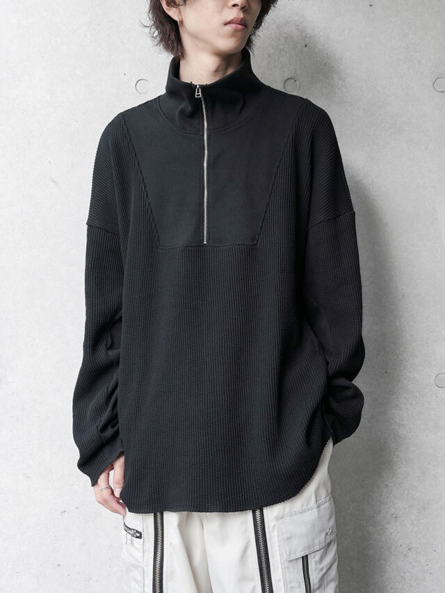 my beautiful landlet "WAFFLE HALF ZIP PULLOVER" - BLACK