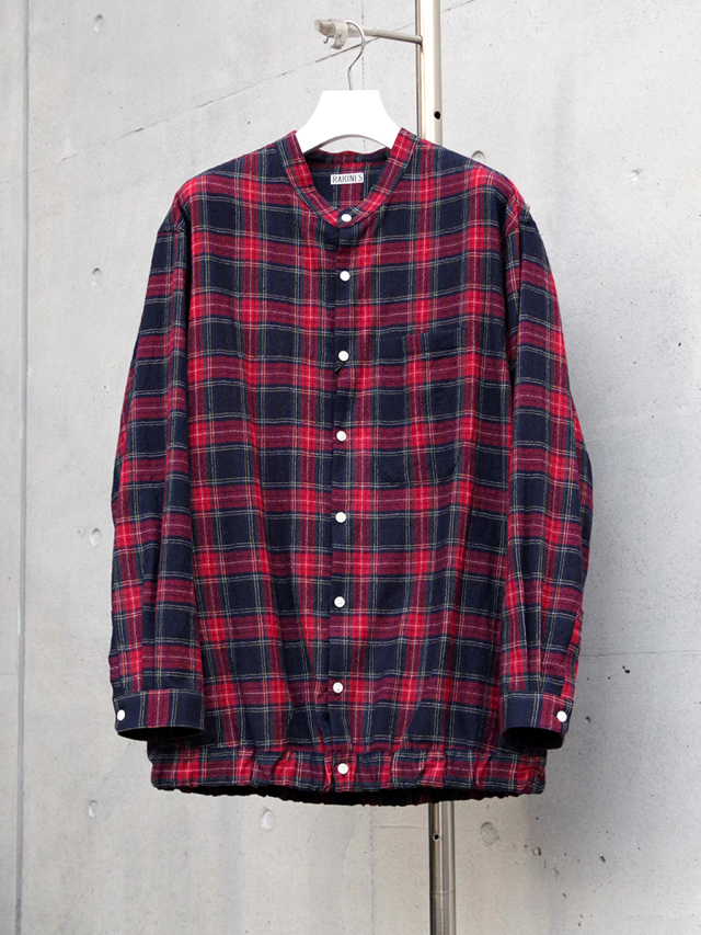 RAKINES "Refine tartan - Pierre BAND COLLAR SHIRT" - RED TARTAN