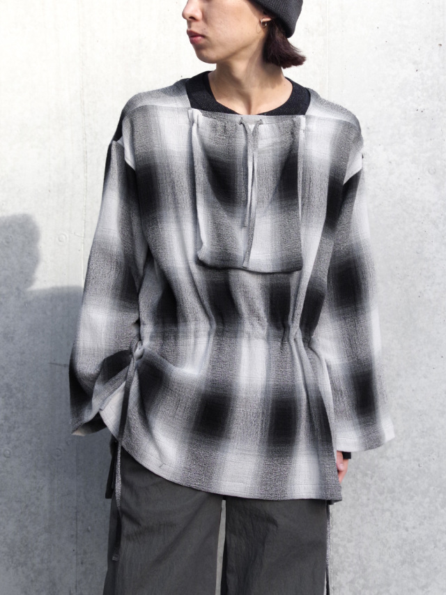 Sasquatchfabrix. "DP SQUARE NECK HARVEST SMOCK" - WHITE × BLACK CHECK