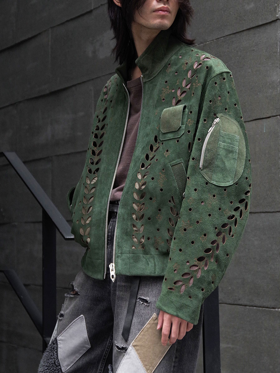 MASU "IVY HOLE LEATHER FLIGHT JACKET" - MOSS GREEN