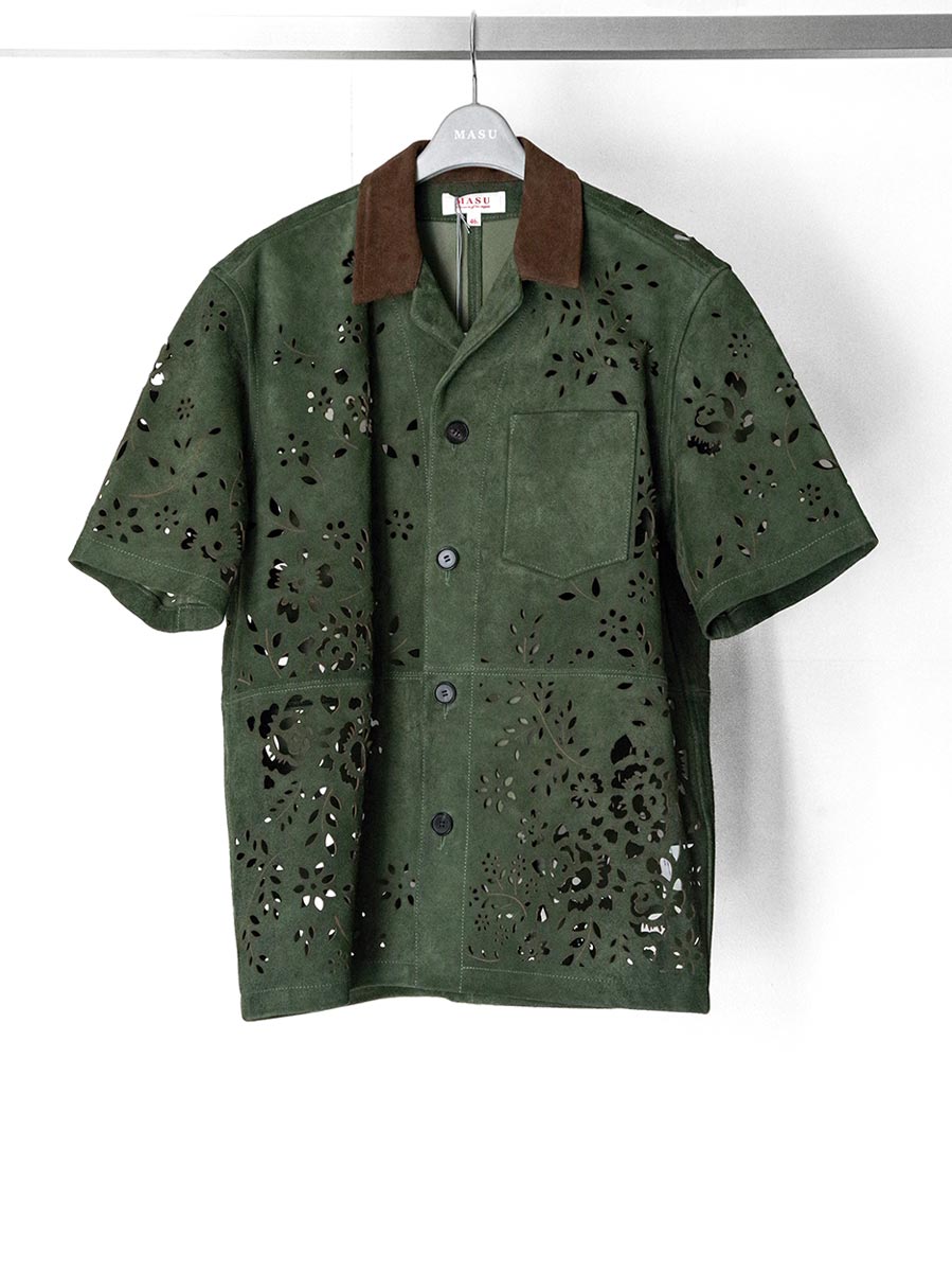 MASU "BANDANA HOLE LEATHER HALF SLEEVE SHIRT" - MOSS GREEN