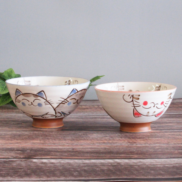 茶碗 ご飯茶碗 陶器 おしゃれ 選べる2サイズ かわいい 猫 ネコ ねこ ブルー ピンク 四季彩陶器 美濃焼 業務用 粉引ミケ 大平 中平
