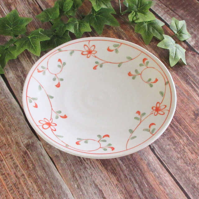 パスタ皿 23cm 軽量 赤絵花 和食器 美濃焼 業務用 四季彩陶器 花赤絵