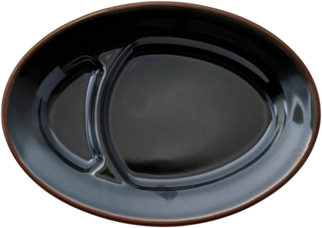餃子皿 仕切り皿 楕円皿 23cm おしゃれ 中華皿 陶器 シンプル 黒 四季彩陶器 美濃焼 業務用 宝天 9"仕切りプラター 50236042