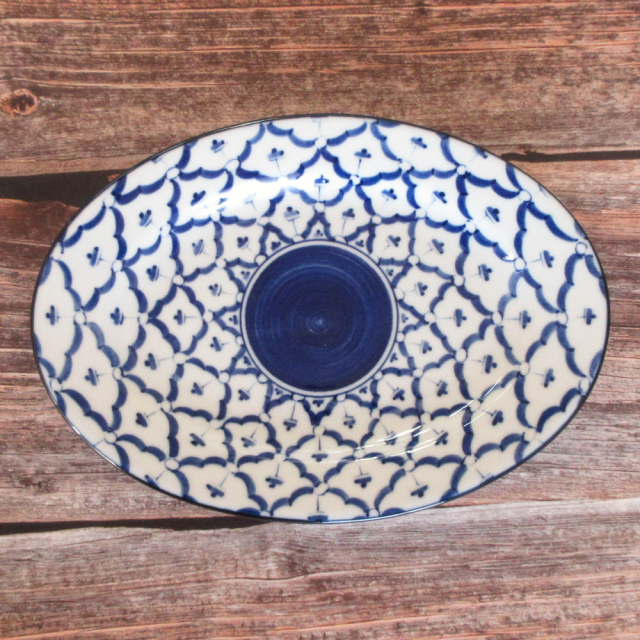 餃子皿 おしゃれ 21cm 楕円皿 リム皿 中華皿 町中華 陶器 白×ブルー