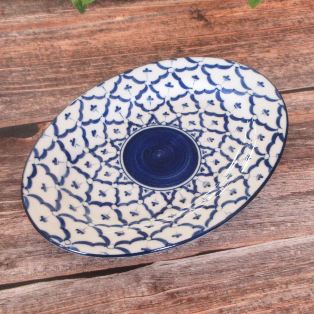 餃子皿 おしゃれ 21cm 楕円皿 リム皿 中華皿 町中華 陶器 白×ブルー