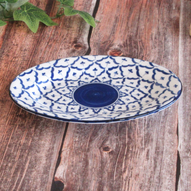 餃子皿 おしゃれ 21cm 楕円皿 リム皿 中華皿 町中華 陶器 白×ブルー