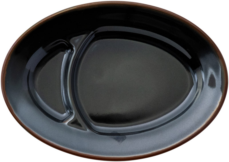 餃子皿 仕切り皿 楕円皿 23cm おしゃれ 中華皿 陶器 シンプル 黒 四季彩陶器 美濃焼 業務用 宝天 9"仕切りプラター 50236042