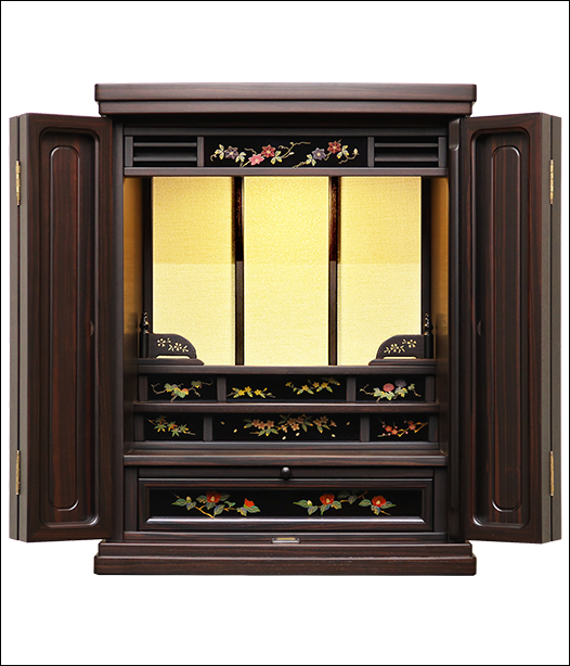 モダン(家具調)仏壇【送料無料　選べる仏具・おりん・掛け軸・お手入れ付属品セット付】黒檀　ダウンライト付　砥出蒔絵が美しい　高級輪島塗ミニ仏壇【18号 輪島蒔絵入-黒檀(仏具付)】