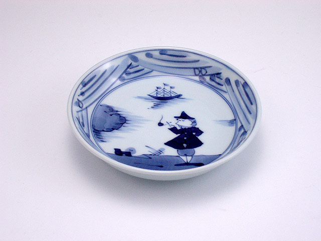 長崎紋渕上り5寸皿 しん窯 青花 