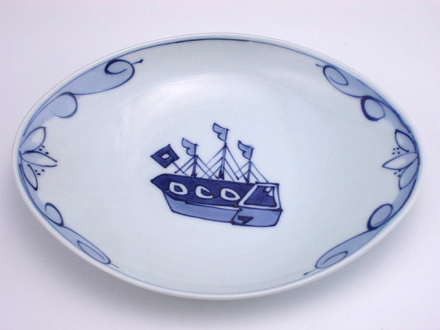 有田焼 青花 オランダ船舟型中皿