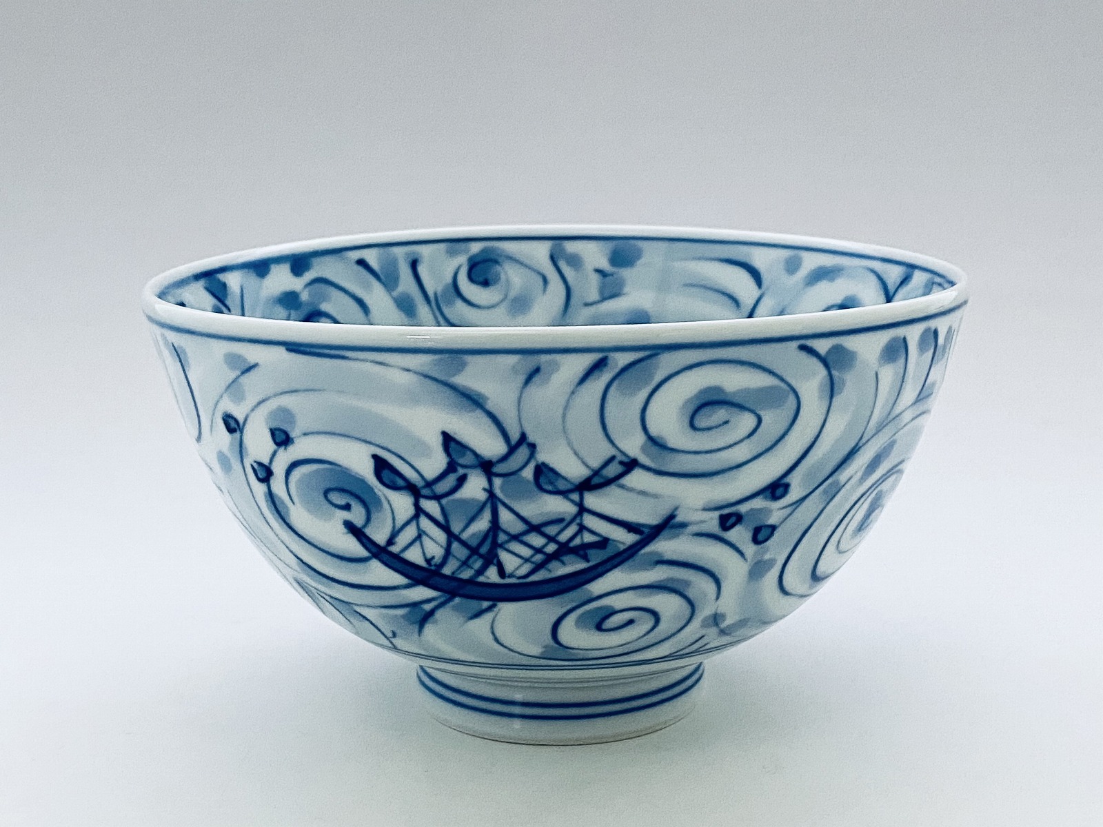 mo渦帆船５寸深丼 しん窯 青花