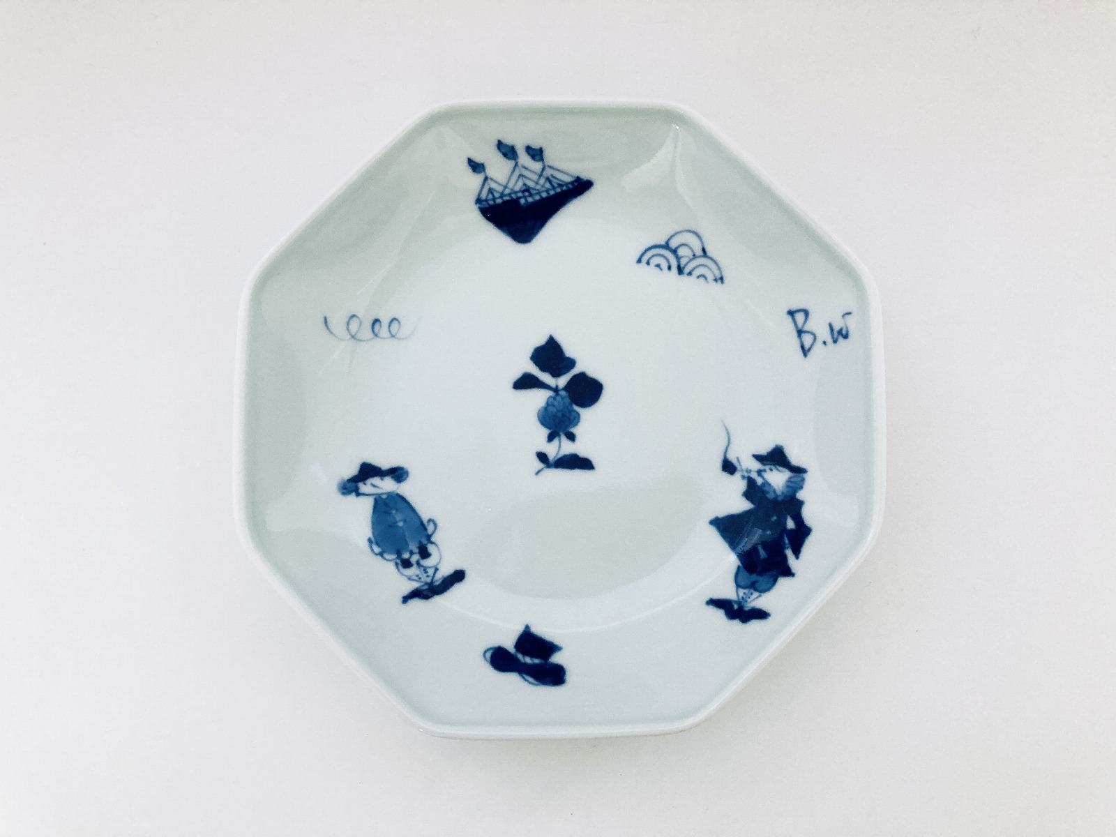 mo異人づくし正八角６寸皿 しん窯青花