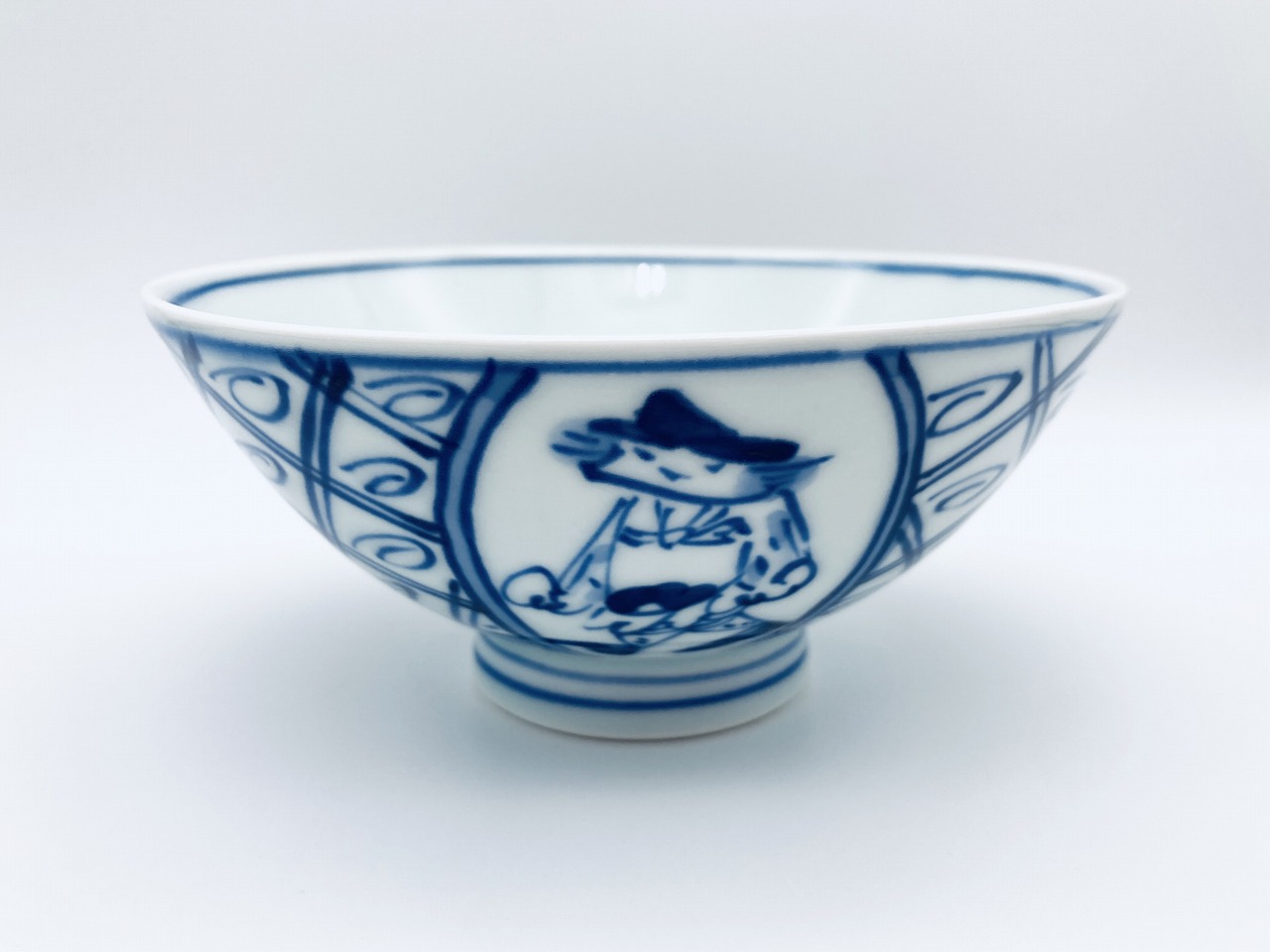 格子に割異人4.3浅飯碗 しん窯 青花 限定商品