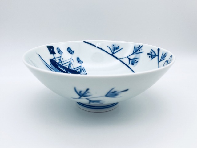花唐草にオランダ船4.6寸浅飯碗 しん窯 青花 限定商品
