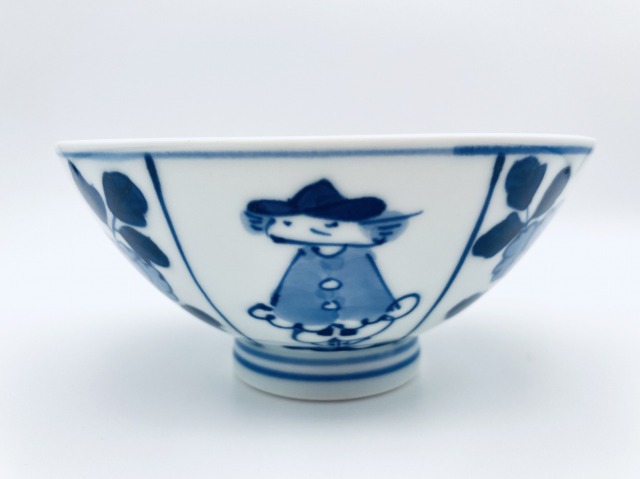 割牡丹と三人異人4.3浅飯碗 しん窯 青花 限定商品