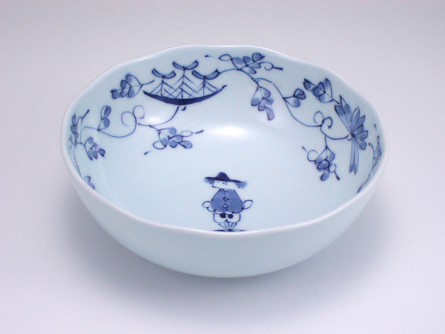 未使用品有田焼しん窯青花 唐草異人ノーブルサラダボール3点 有田焼 青花