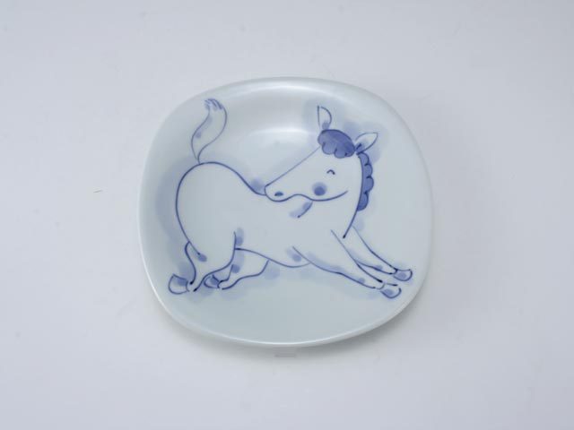 干支うま四方丸皿 しん窯 青花