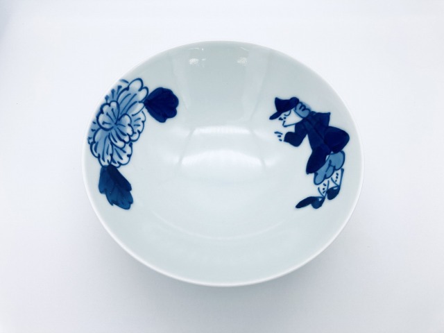 渕牡丹に紅毛人4.3浅飯碗 しん窯 青花 限定商品