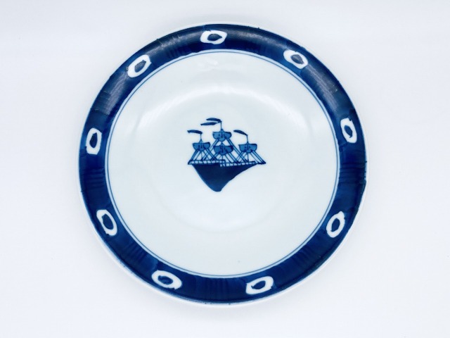 mo渕濃帆船反りケーキ皿 しん窯青花