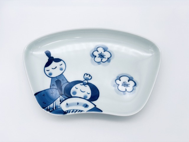 ひな人形扇型皿 しん窯青花