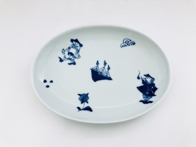 異人づくし小判銘々皿 しん窯青花