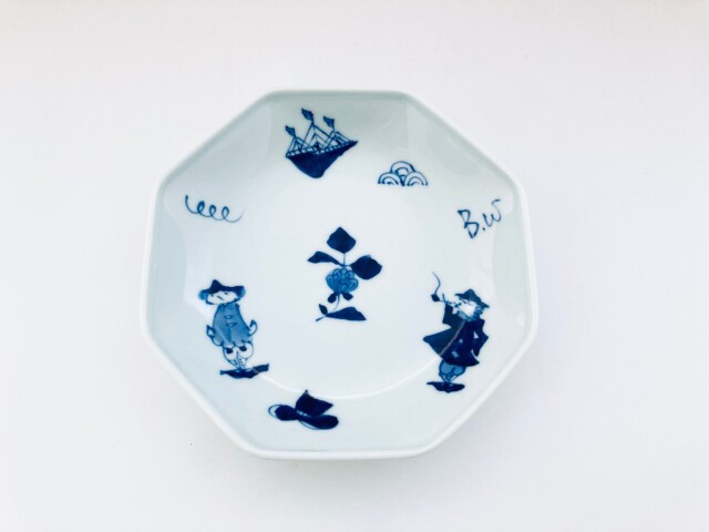 mo異人づくし正八角５寸皿 しん窯青花
