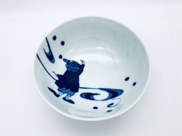 流水とカール紅毛人京平飯碗 しん窯 青花 限定商品