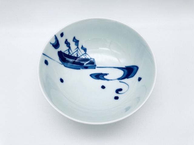 流水とオランダ船京平飯碗 しん窯 青花 限定商品