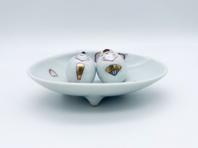 豆ひな人形2人揃（桜絵、貝型台皿付） しん窯 青花