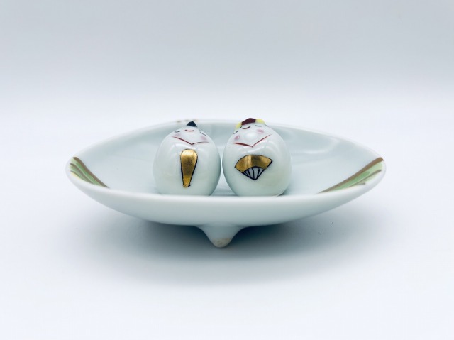 豆ひな人形2人揃(青海波、貝型台皿付) しん窯 青花