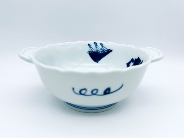 異人づくし新耳付スープ碗 しん窯青花