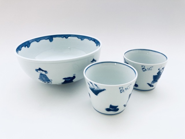 渕波四人異人玉渕6寸鉢(1個)＆異人づくしそば猪口(2個)セット しん窯青花 数量限定