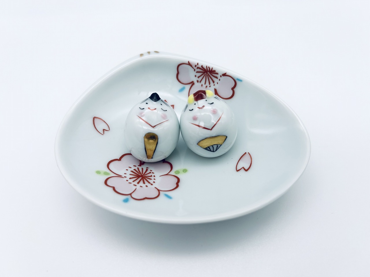 豆ひな人形2人揃(青海波、貝型台皿付) しん窯 青花