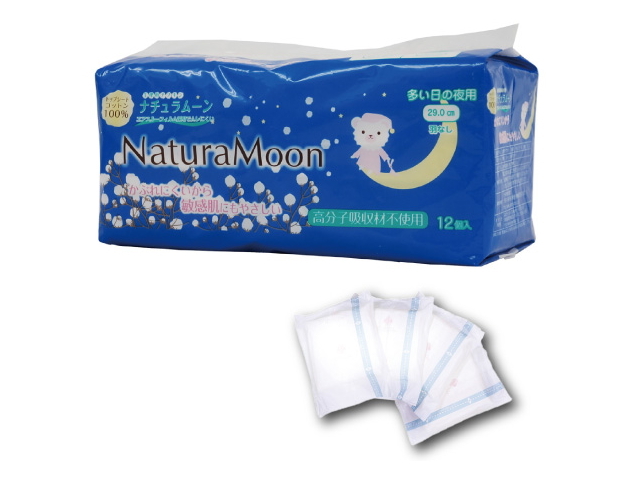 Natura Moon　「ナチュラムーン　生理用ナプキン　多い日の夜用　羽なし　（29.0ｃｍ）　12個入り」　〜トップシートに天然コットン100％使用！（高分子吸収材不使用）〜