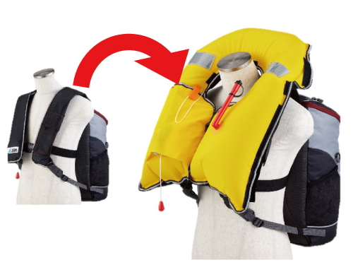 リュック一体型ライフジャケット　「TSUNAGUARD　（ツナガード）　TG-A1R」　〜自動膨張式ライフジャケットタイプ＋スタンダード型リュックの津波・水難事故対策アイテム〜