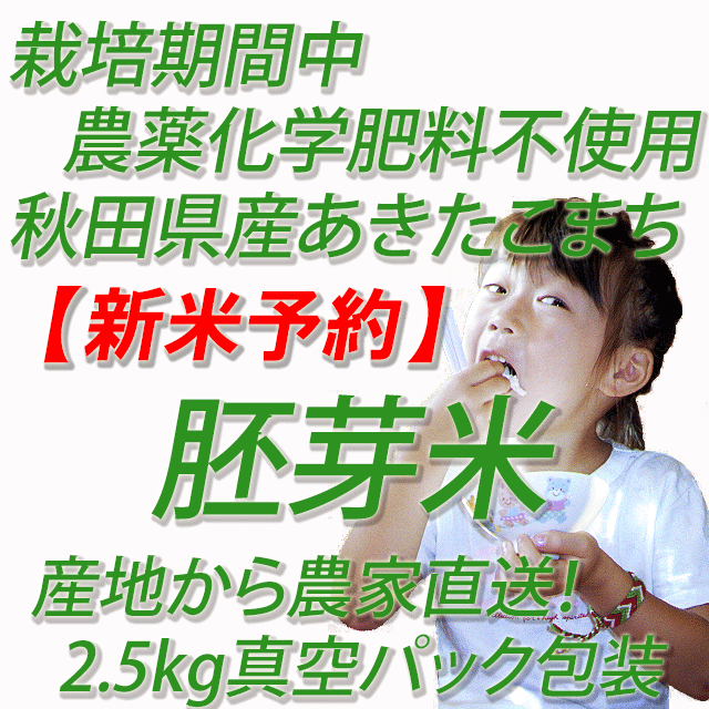 【新米予約】 令和8年産 栽培期間中農薬化学肥料不使用あきたこまち 胚芽米5kg
