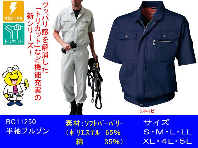 【SUN-S】作業服春夏半袖ブルゾン【サンエスWA11250】◎機能充実◎作業着半袖ジャケットサイズS～5L帯電防止・吸汗素材