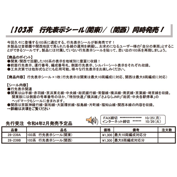 ホビーセンターカトー(KATO) 28-239A/28-239B 103系 行先表示