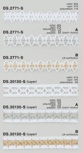 ゴム入りストレッチレース  綿トーションレース 1m単位 オフホワイト ラメ 大定　日本製  DS.2771-S DS.30130-S ///