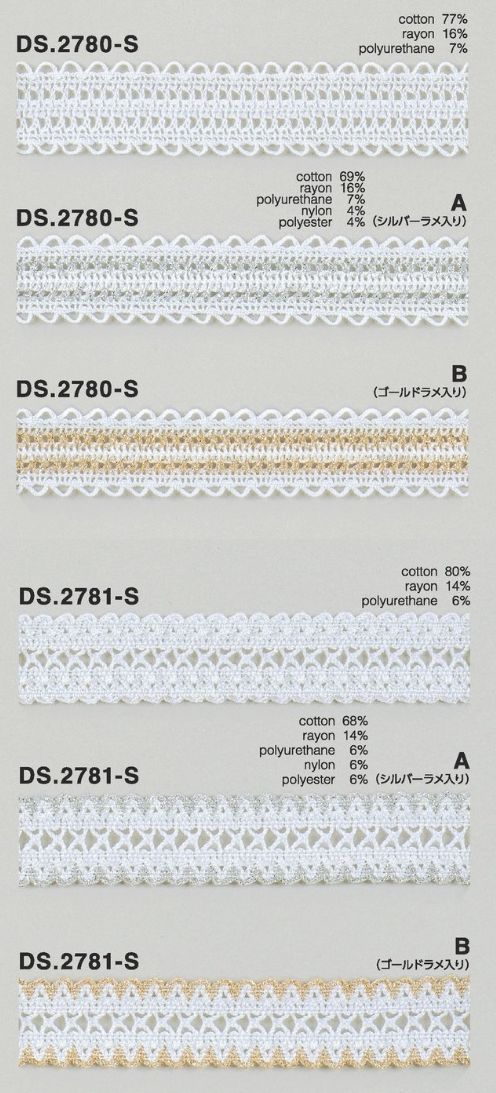 ゴム入りストレッチレース  綿トーションレース 1m単位 オフホワイト ラメ 大定　日本製  DS.2780-S DS.2781-S ///