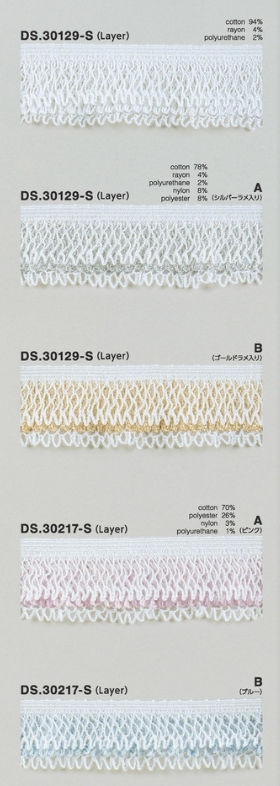 レイヤーフリルレース   ゴム入りトーションレース  1m単位　オフホワイト ポリエステルカラー　ラメ  　大定　日本製 DS.30129-S  DS.30217-S////