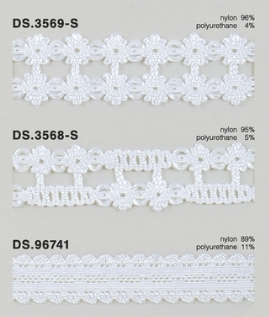 ゴム入りストレッチレース（光沢あり）  ナイロントーションレース 1m単位 白系 大定　日本製  DS.3569-S　DS.3568-S　DS.96741 　 //