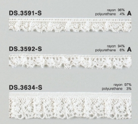 ゴム入りフリルレース（光沢あり）  レーヨントーションレース 1m単位 白系 大定　日本製  DS.3591-S　DS.3592-S　DS.3634-S　 //